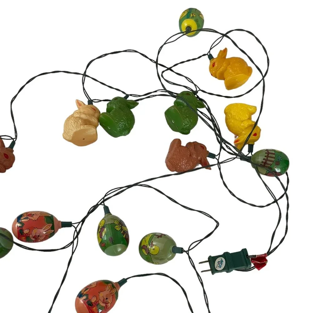 Vintage 90s Blow Mold Plastic String Lights 2 Strands Easter Eggs & Bunny Rabbit